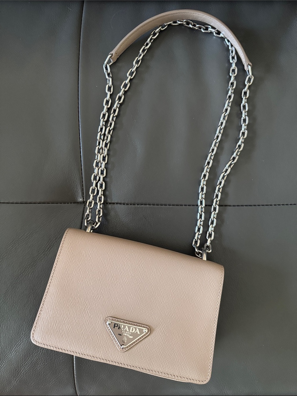 Prada Beige/Tan Saffiano Leather Crossbody Bag with Chain Strap